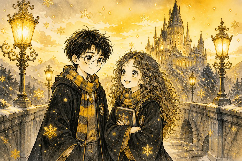 Harry Potter e Hermione na ponte coberta de neve