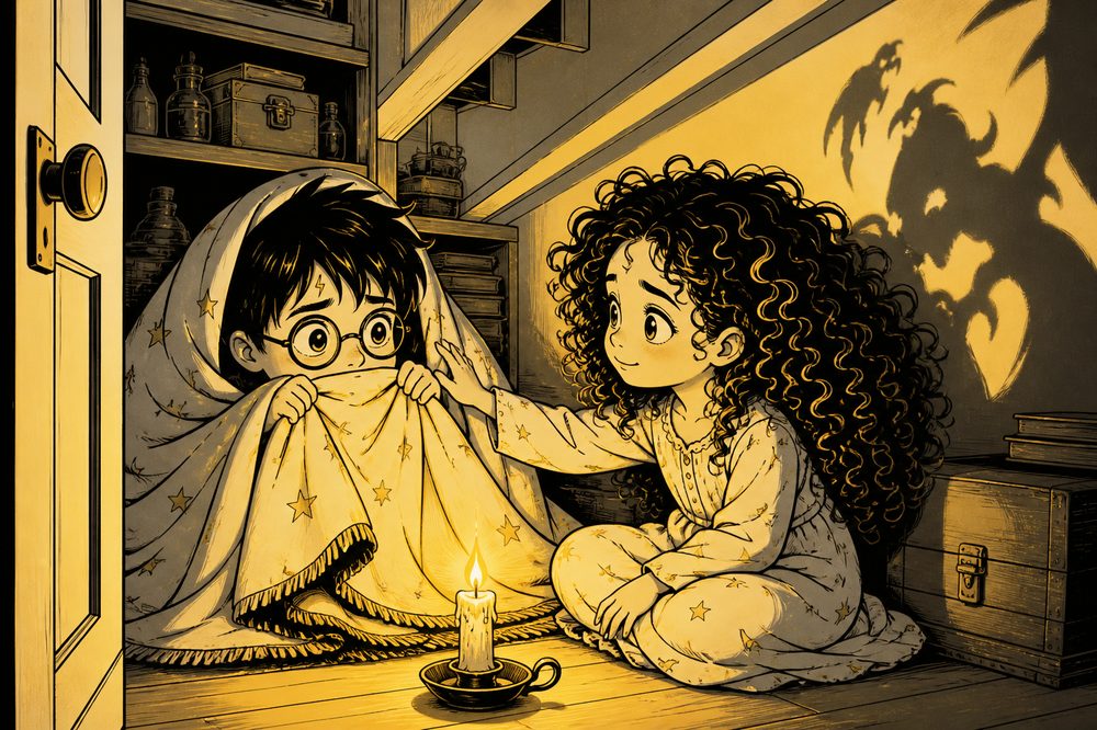 Harry Potter no armário escuro com Hermione segurando uma vela