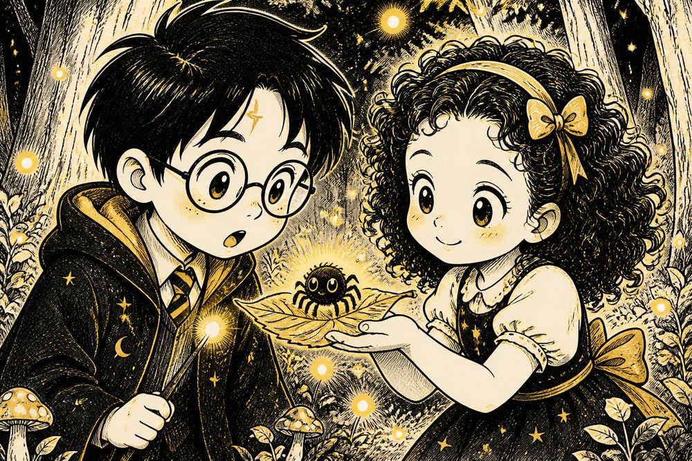 Harry Potter e Hermione na Floresta Proibida com uma aranha