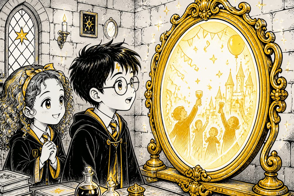 Harry Potter e Hermione observando o Espelho de Ered